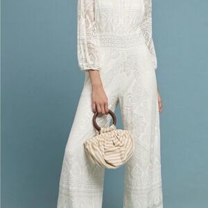 Farm Rio XS Elliot off the shoulder jumpsuit Ivory boho wide leg burnout beach